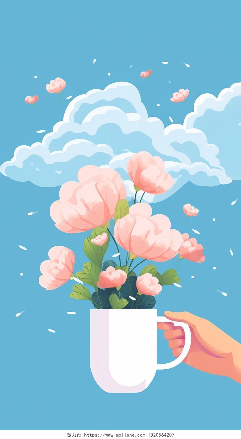 卡通唯美手绘平面一只手拿着杯子和花朵上方有云朵简约场景插画壁纸海报